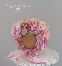 Load image into Gallery viewer, Flower Bonnet for 12-24 Months Old | Photography Prop | Pink Colours | Artificial Flower Headpiece | Handmade