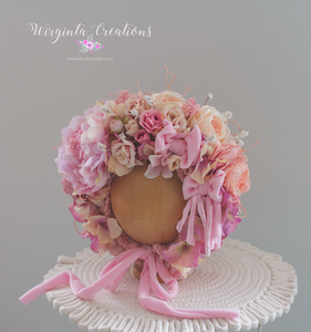 Flower Bonnet for 12-24 Months Old | Photography Prop | Pink Colours | Artificial Flower Headpiece | Handmade