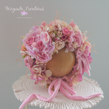 Load image into Gallery viewer, Flower Bonnet for 12-24 Months Old | Photography Prop | Pink Colours | Artificial Flower Headpiece | Handmade