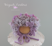 Load image into Gallery viewer, Flower Bonnet for 12-24 Months Old | Photography Prop | Lilac, Purple Colours | Artificial Flower Headpiece | Handmade