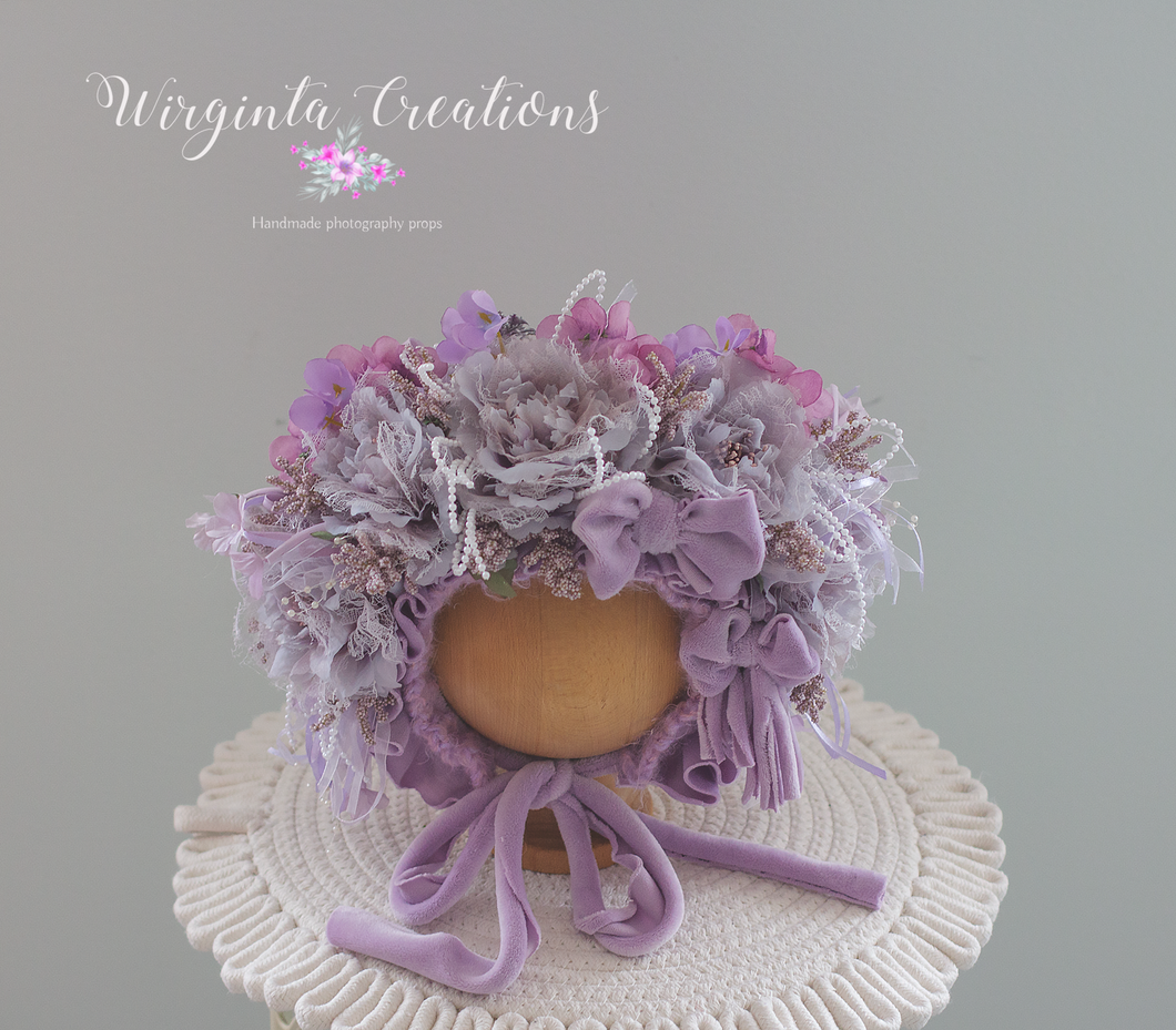 Flower Bonnet for 12-24 Months Old | Photography Prop | Lilac, Purple Colours | Artificial Flower Headpiece | Handmade