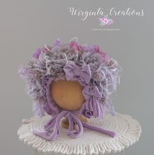 Load image into Gallery viewer, Flower Bonnet for 12-24 Months Old | Photography Prop | Lilac, Purple Colours | Artificial Flower Headpiece | Handmade