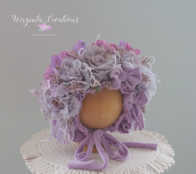 Load image into Gallery viewer, Flower Bonnet for 12-24 Months Old | Photography Prop | Lilac, Purple Colours | Artificial Flower Headpiece | Handmade