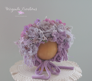 Flower Bonnet for 12-24 Months Old | Photography Prop | Lilac, Purple Colours | Artificial Flower Headpiece | Handmade