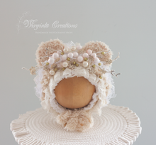 Load image into Gallery viewer, Handmade Teddy Bear Bonnet for 6-24 Months Old | Tattered/ Ruffle Style | Cream, White Colour | Decorated with Artificial Bits | Christmas | Ready to send