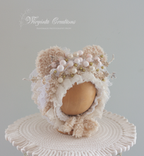 Load image into Gallery viewer, Handmade Teddy Bear Bonnet for 6-24 Months Old | Tattered/ Ruffle Style | Cream, White Colour | Decorated with Artificial Bits | Christmas | Ready to send