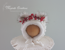 Load image into Gallery viewer, Handmade Teddy Bear Bonnet for 12-24 Months Old | Tattered/ Ruffle Style | Red, White Colour | Decorated with Artificial Bits | Christmas | Ready to send