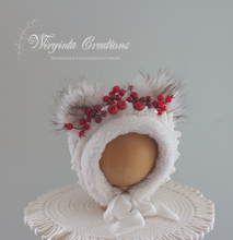 Load image into Gallery viewer, Handmade Teddy Bear Bonnet for 12-24 Months Old | Tattered/ Ruffle Style | Red, White Colour | Decorated with Artificial Bits | Christmas | Ready to send