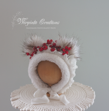 Load image into Gallery viewer, Handmade Teddy Bear Bonnet for 12-24 Months Old | Tattered/ Ruffle Style | Red, White Colour | Decorated with Artificial Bits | Christmas | Ready to send