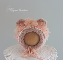 Load image into Gallery viewer, Handmade Teddy Bear Bonnet for 6-24 Months Old | Tattered/ Ruffle Style | Blush Pink Colour | Decorated with Tulle | Ready to send