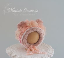 Load image into Gallery viewer, Handmade Teddy Bear Bonnet for 6-24 Months Old | Tattered/ Ruffle Style | Blush Pink Colour | Decorated with Tulle | Ready to send