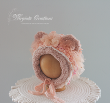 Load image into Gallery viewer, Handmade Teddy Bear Bonnet for 6-24 Months Old | Tattered/ Ruffle Style | Blush Pink Colour | Decorated with Tulle | Ready to send