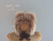 Load image into Gallery viewer, Handmade Tattered Style Teddy Bear Bonnet for 12-24 Months Old | Light Brown | Decorated with Faux Fur | Ready to Send