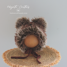 Load image into Gallery viewer, Handmade Tattered Style Teddy Bear Bonnet for 6-24 Months Old | Colour: Brown | Decorated with Faux Fur | Ready to Send