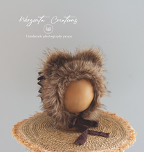 Load image into Gallery viewer, Handmade Tattered Style Teddy Bear Bonnet for 6-24 Months Old | Colour: Brown | Decorated with Faux Fur | Ready to Send