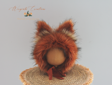 Load image into Gallery viewer, Handmade Tattered/Ruffle Style Baby Fox Bonnet | Burnt Orange | | Decorated with Faux Fur | For 6-24 Months | Photo Prop