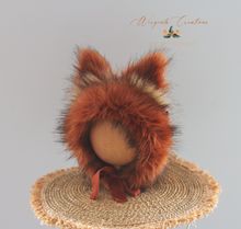 Load image into Gallery viewer, Handmade Tattered/Ruffle Style Baby Fox Bonnet | Burnt Orange | | Decorated with Faux Fur | For 6-24 Months | Photo Prop