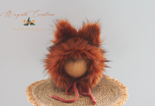 Load image into Gallery viewer, Handmade Tattered/Ruffle Style Baby Fox Bonnet | Burnt Orange | | Decorated with Faux Fur | For 12-24 Months | Photo Prop