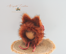 Load image into Gallery viewer, Handmade Tattered/Ruffle Style Baby Fox Bonnet | Burnt Orange | | Decorated with Faux Fur | For 12-24 Months | Photo Prop