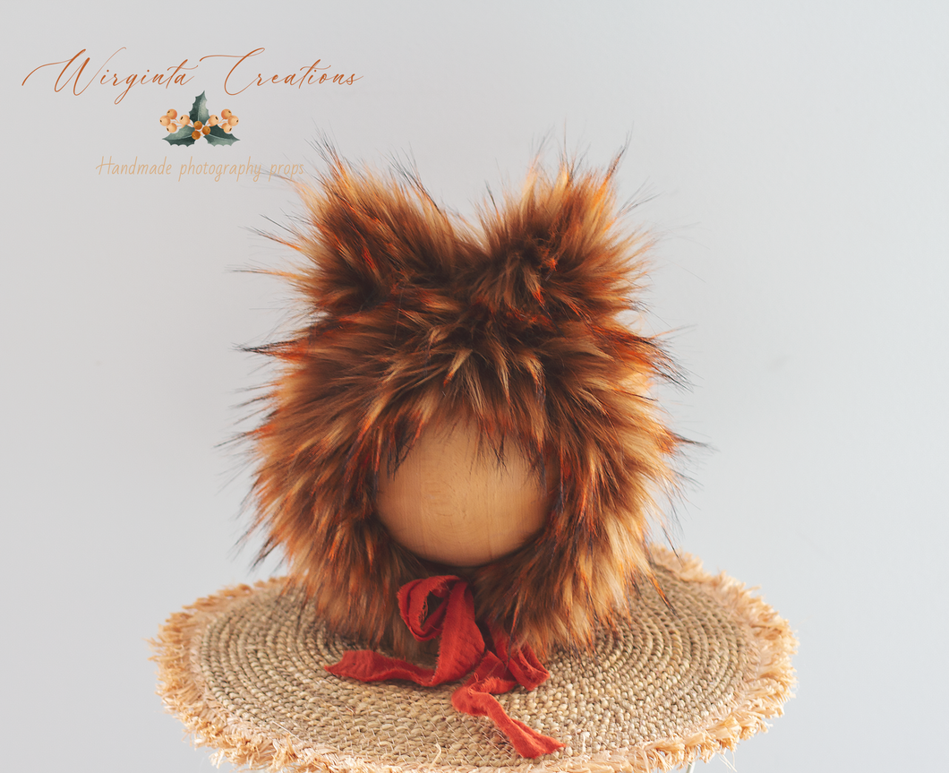 Handmade Tattered/Ruffle Style Baby Fox Bonnet | Burnt Orange | Decorated with Faux Fur | For 12-24 Months | Photo Prop