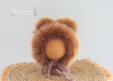 Load image into Gallery viewer, Knitted Teddy Bonnet Decorated with Faux Fur for Newborn | Photography Prop | Brown | Ready to Send