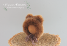 Load image into Gallery viewer, Knitted Teddy Bonnet Decorated with Faux Fur for Newborn | Photography Prop | Brown | Ready to Send