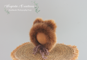 Knitted Teddy Bonnet Decorated with Faux Fur for Newborn | Photography Prop | Brown | Ready to Send