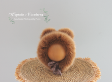 Load image into Gallery viewer, Knitted Teddy Bonnet Decorated with Faux Fur for Newborn | Photography Prop | Brown | Ready to Send