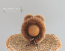 Load image into Gallery viewer, Knitted Teddy Bonnet Decorated with Faux Fur for Newborn | Photography Prop | Brown | Ready to Send