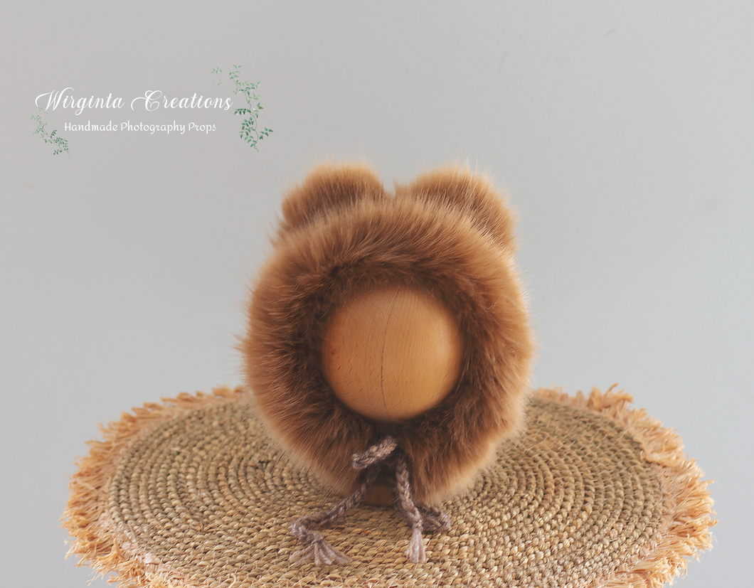 Knitted Teddy Bonnet Decorated with Faux Fur for Newborn | Photography Prop | Brown | Ready to Send