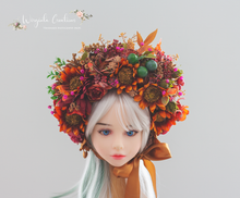 Load image into Gallery viewer, Flower Bonnet for 12-24 Months Old | Burnt Orange, Green, Brown Colour | Photography Prop | Artificial Flower Headpiece | Autumn Edition