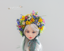 Load image into Gallery viewer, Meadow-Inspired Flower Bonnet for 6-24 Months Old | Photography Prop| Flower Headpiece | Colourful | Handmade