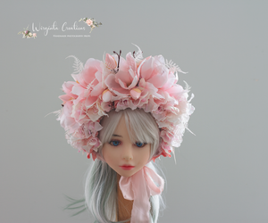 Flower Bonnet for 12-24 Months | Pink Colour | Handmade| Artificial Magnolia Flower Headpiece | Photo Prop