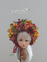 Load image into Gallery viewer, Flower Bonnet for 12-24 Months Old | Burnt Orange, Green, Red Colour | Photography Prop | Artificial Flower Headpiece