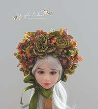 Load image into Gallery viewer, Flower Bonnet for 12-24 Months Old | Green, Brown Colour | Photography Prop | Artificial Flower Headpiece | Autumn Edition