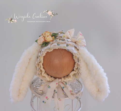 Tattered Bunny Bonnet for 12-24 Months Old | Floral Fabric | Floppy Ears | Cream Colour | Photography Prop | Handmade Headpiece