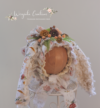 Load image into Gallery viewer, Tattered Bunny Bonnet for 12-24 Months Old | Floral Fabric | Floppy Ears | Mixed Colours | Photography Prop | Handmade Headpiece