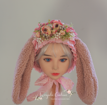 Load image into Gallery viewer, Tattered Bunny Bonnet for 12-24 Months Old - Decorated with Artificial Flowers - Floppy Ears - Pink Colour - Photography Prop - Handmade Headpiece