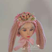 Load image into Gallery viewer, Tattered Bunny Bonnet for 12-24 Months Old - Decorated with Artificial Flowers - Floppy Ears - Pink Colour - Photography Prop - Handmade Headpiece