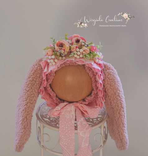 Tattered Bunny Bonnet for 12-24 Months Old | Floral Fabric | Floppy Ears | Pink Colour | Photography Prop | Handmade Headpiece