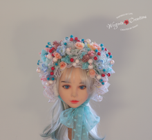 Load image into Gallery viewer, Flower Bonnet for 12-24 Months Olds | Handmade Headpiece | Bonnet&#39;s Colours: Red, Mint, White | Photography Prop