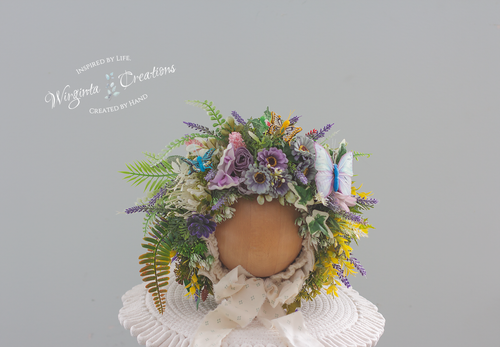 Flower Bonnet for sitter, photography prop, artificial flower headpiece