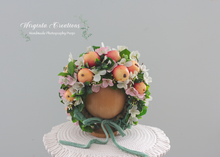 Load image into Gallery viewer, Flower Bonnet for 12-24 Months Old | Green, Pink, White Colour | Photography Prop | Artificial Flower Headpiece | Apple | Fruit- Inspired Bonnet