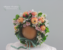 Load image into Gallery viewer, Flower Bonnet for 12-24 Months Old | Green, Pink, White Colour | Photography Prop | Artificial Flower Headpiece | Apple | Fruit- Inspired Bonnet