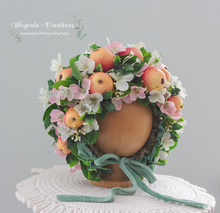 Load image into Gallery viewer, Flower Bonnet for 12-24 Months Old | Green, Pink, White Colour | Photography Prop | Artificial Flower Headpiece | Apple | Fruit- Inspired Bonnet