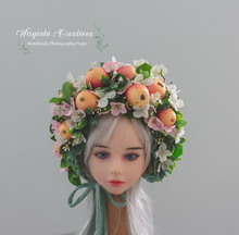 Load image into Gallery viewer, Flower Bonnet for 12-24 Months Old | Green, Pink, White Colour | Photography Prop | Artificial Flower Headpiece | Apple | Fruit- Inspired Bonnet