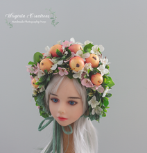 Load image into Gallery viewer, Flower Bonnet for 12-24 Months Old | Green, Pink, White Colour | Photography Prop | Artificial Flower Headpiece | Apple | Fruit- Inspired Bonnet