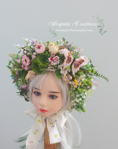 Meadow Inspired Flower Bonnet for 12-24 Months Old | Photography Prop | Flower Headpiece | Ready to Send