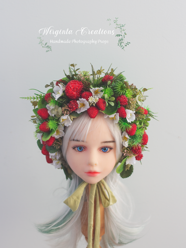 Flower Bonnet for 6-24 Months Old | Red, Green, White Colour | Photography Prop | Artificial Flower Headpiece | Strawberry | Berries - Inspired Bonnet