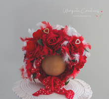 Load image into Gallery viewer, Flower Bonnet for 12-24 Months Old | Red, White Colour | Valentine&#39;s Day Photography Prop | Artificial Flower Headpiece | Feathers